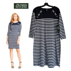 LAUREN RALPH LAUREN NEW Coastal Grandmother Nautical Stripe 3/4-Sleeve Dress XL